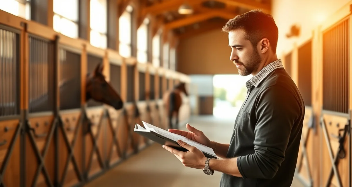 Hunter jumper barn manager using health monitoring software on tablet to track equine wellness and performance data