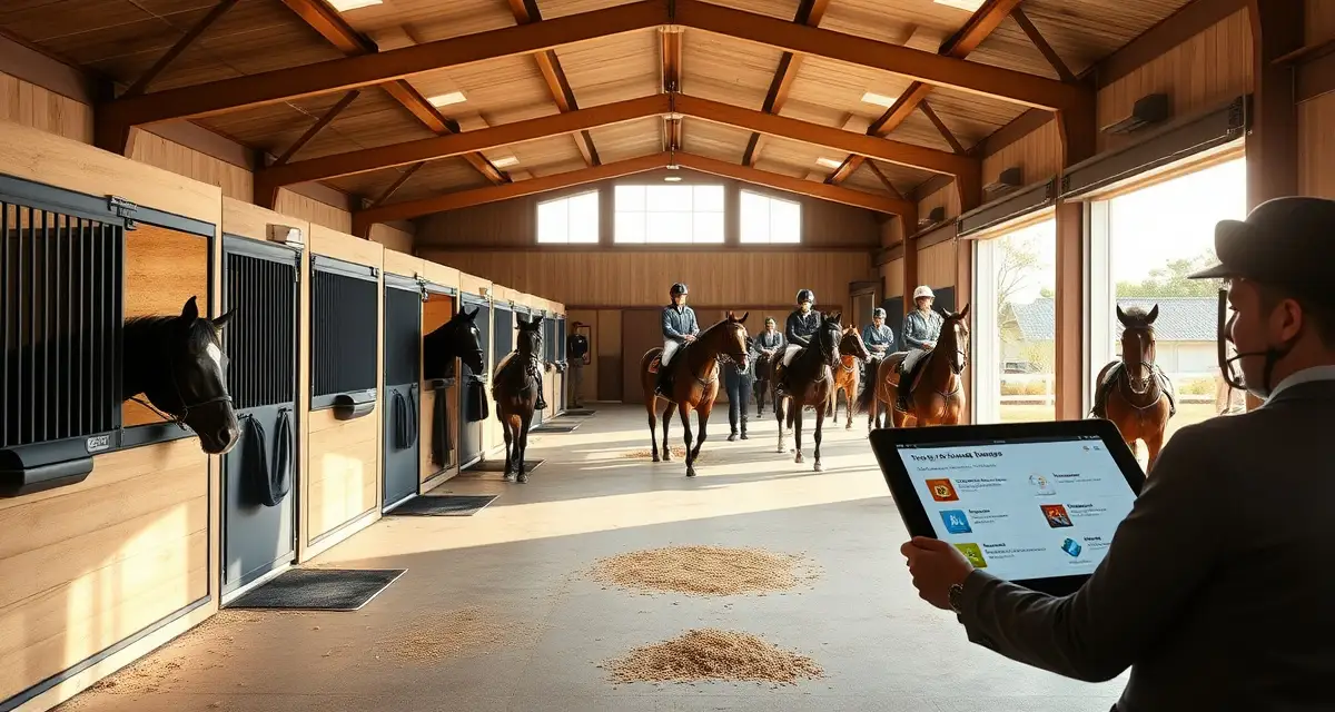 Modern hunter/jumper barn management facility with organized stalls, tack room, and digital management systems for facility managers