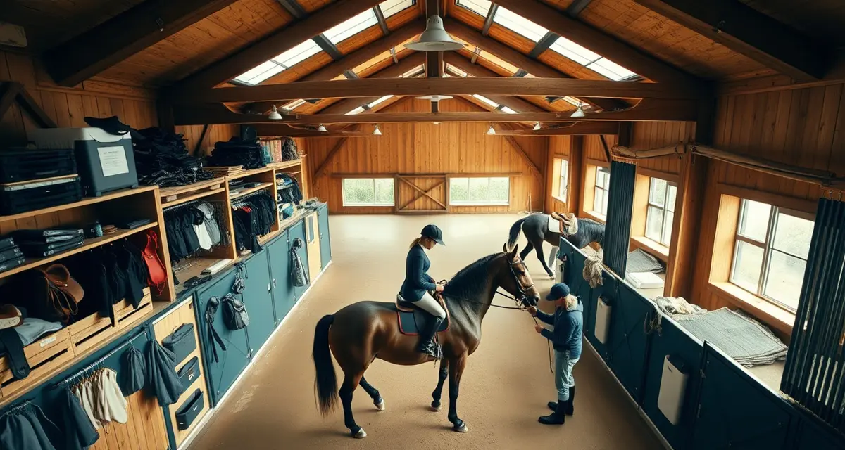Organized hunter jumper barn with grooming stations, tack storage, and horses prepared for competition training