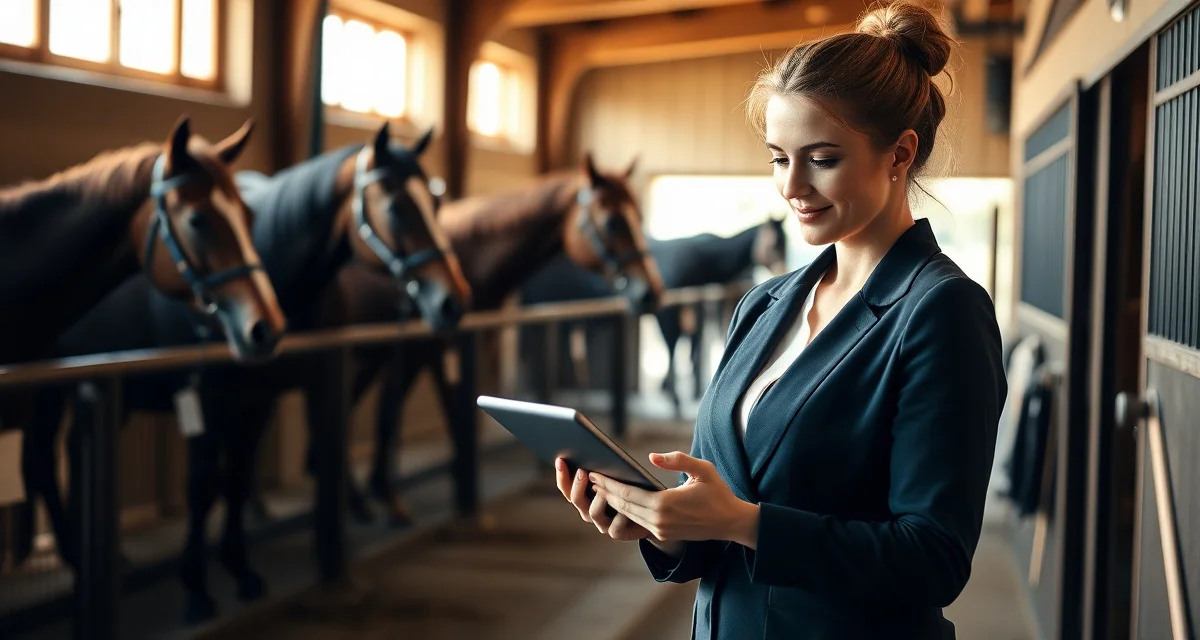 Barn manager using tablet for hunter jumper barn owner communication and client management at equestrian facility