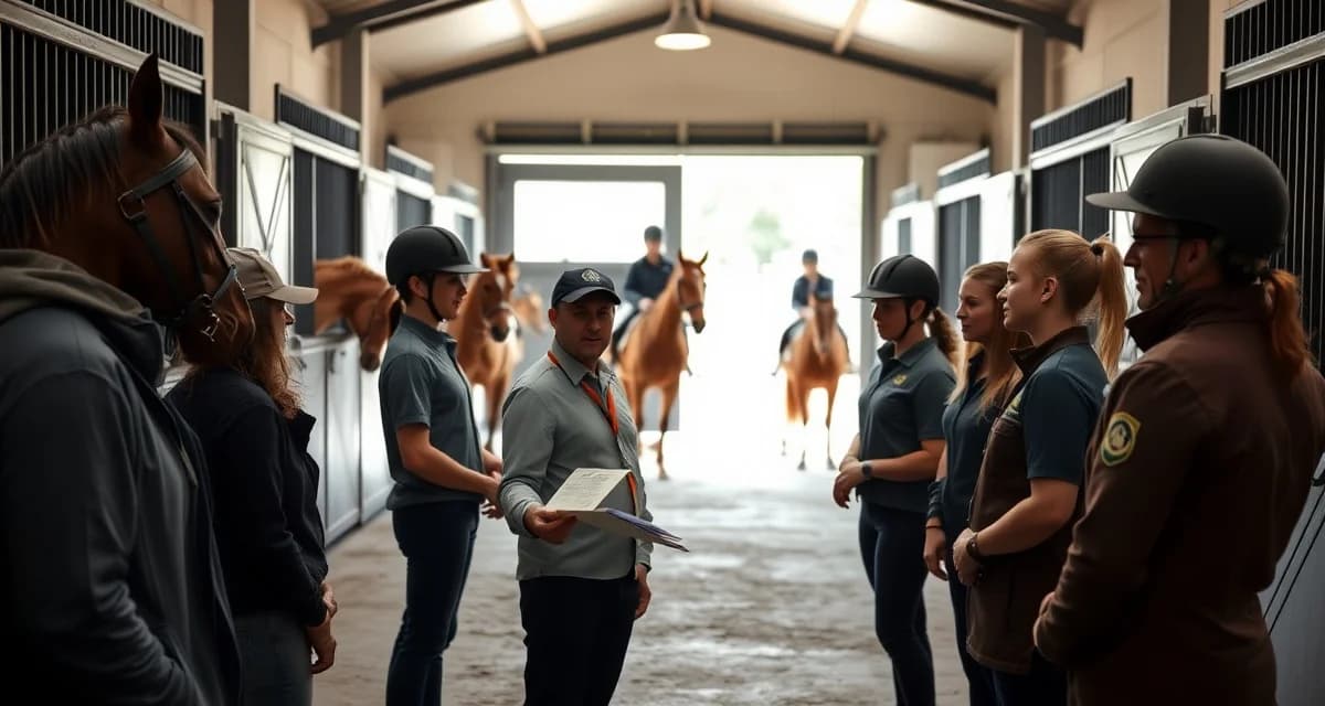 Hunter jumper barn staff team collaborating on scheduling and horse care management using specialized barn software