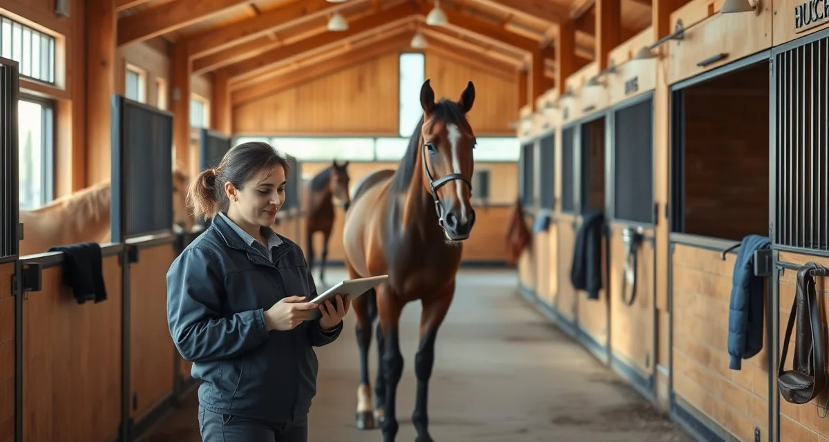 Horse barn management software interface displayed on tablet in Idaho equine facility with organized stalls and professional barn setup.