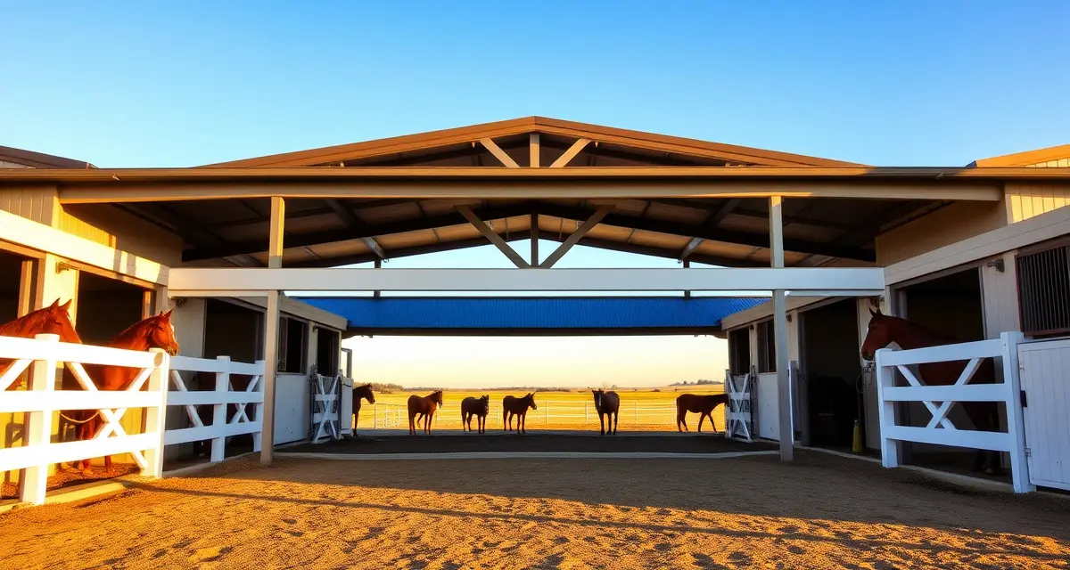 Modern horse boarding barn in Idaho with white fencing, multiple stalls, and horses grazing in pasture during golden hour.