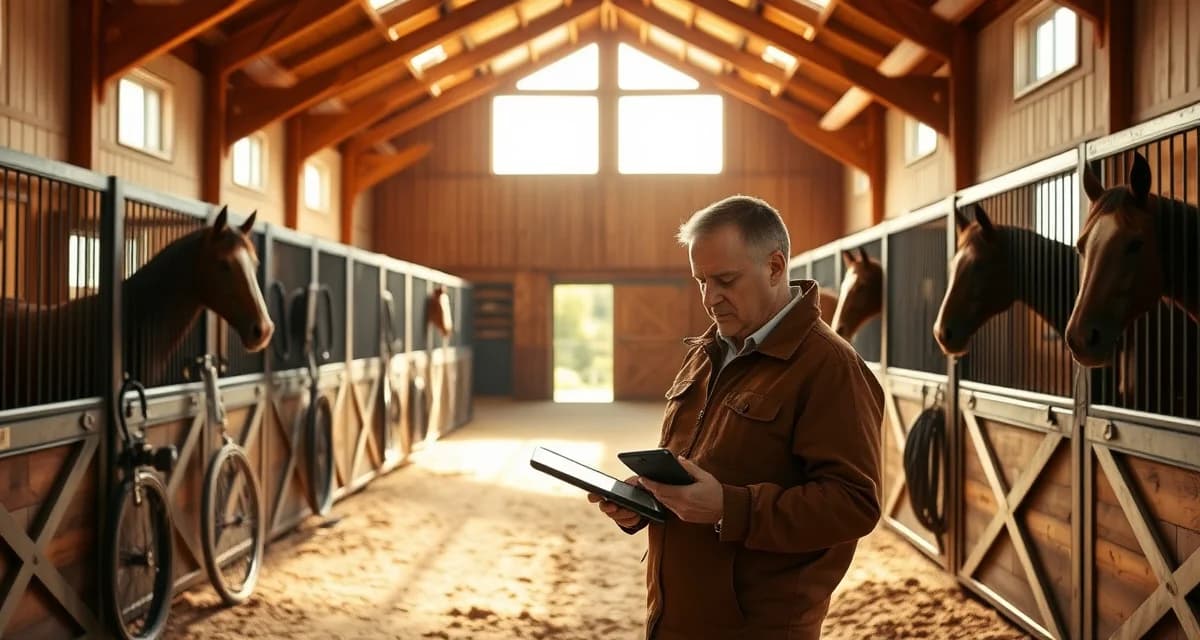Modern horse barn interior with organized stalls and barn manager using software on tablet for equestrian facility operations