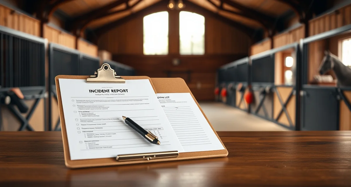 Organized incident documentation clipboard and forms for horse barn safety management and liability protection