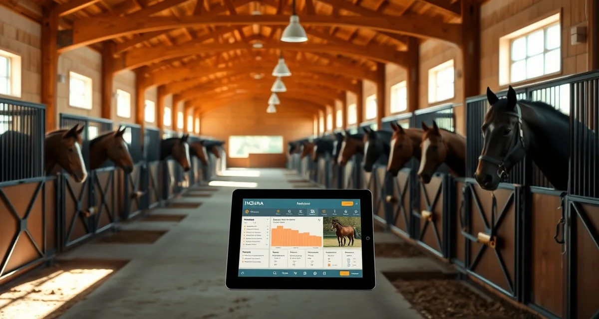Modern horse barn interior with digital equestrian facility management software displayed on tablet for Indiana barn operations