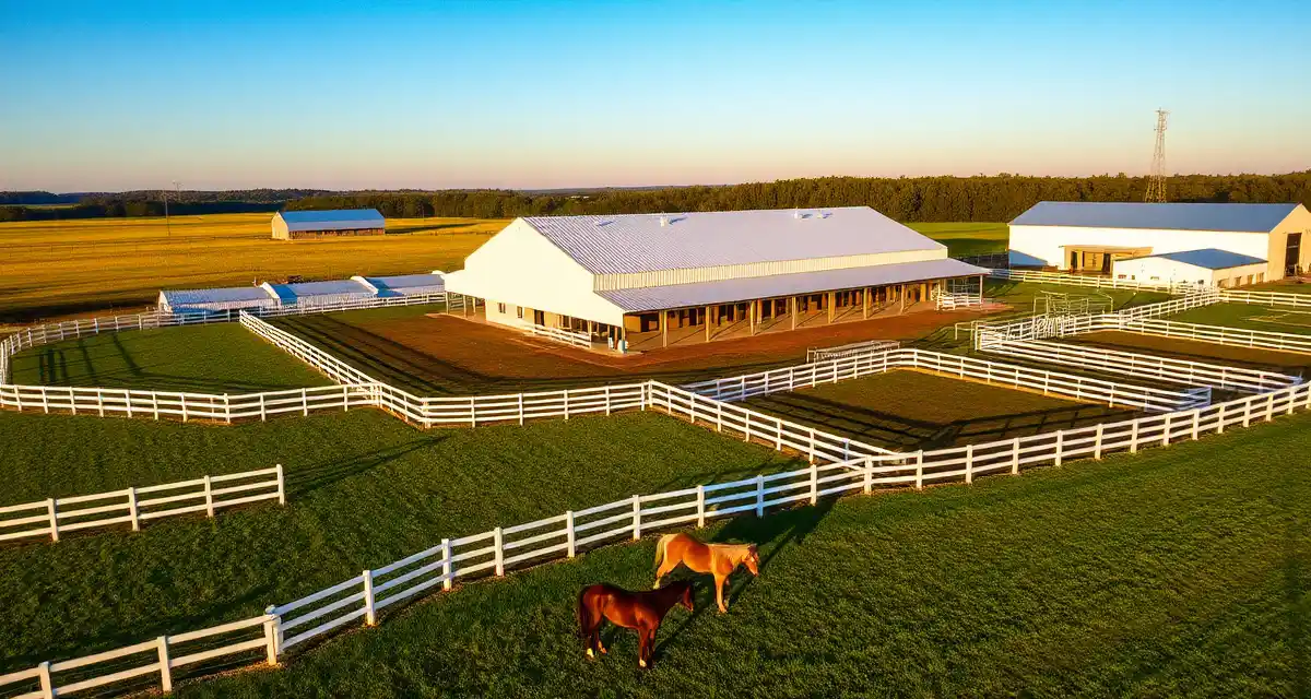 Modern horse barn facility in Indiana with white fencing, paddocks, and horses grazing in green pastures, showcasing equine facility management.
