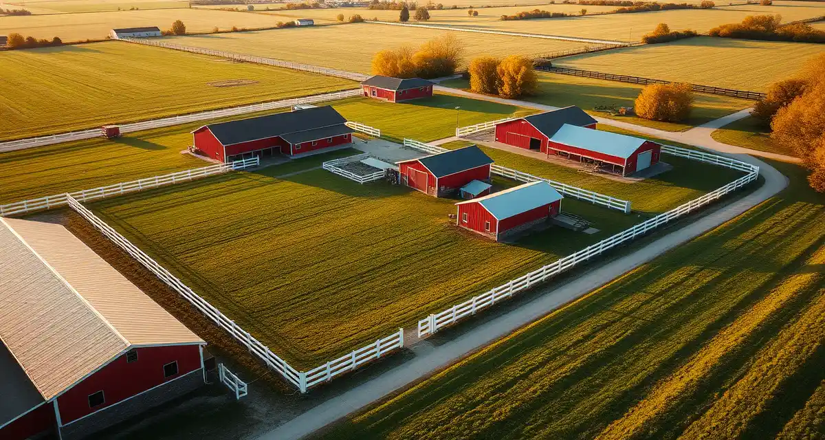 Aerial view of a professional Iowa equine facility with red barns, white fencing, and pastures for horse boarding and stable management.