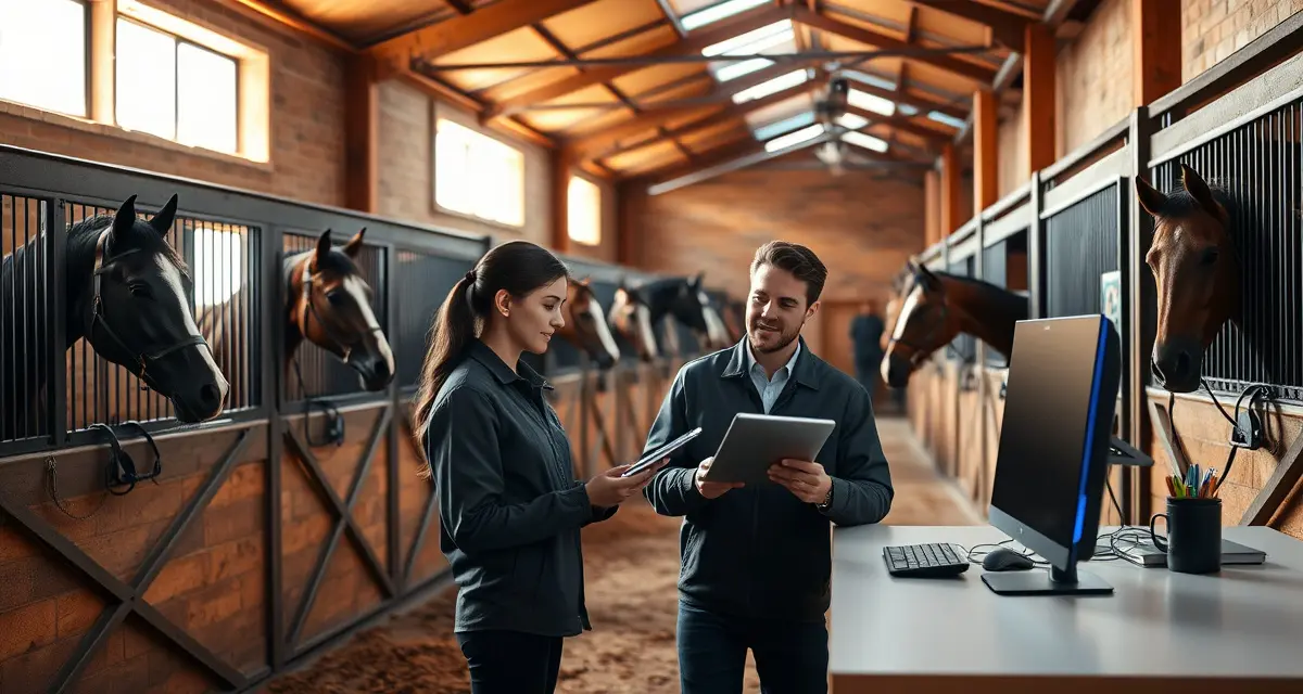 Horse barn management software interface displayed on tablet by Iowa farm manager organizing digital stable records and facility operations