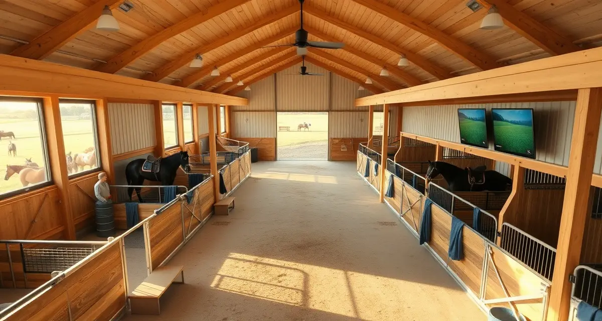 Modern Kansas horse barn interior featuring organized stalls and digital barn management software system for equestrian facility operations.