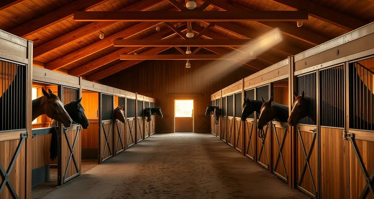 Well-organized horse boarding barn in Kentucky with multiple stalls and professional facility management setup for barn owners