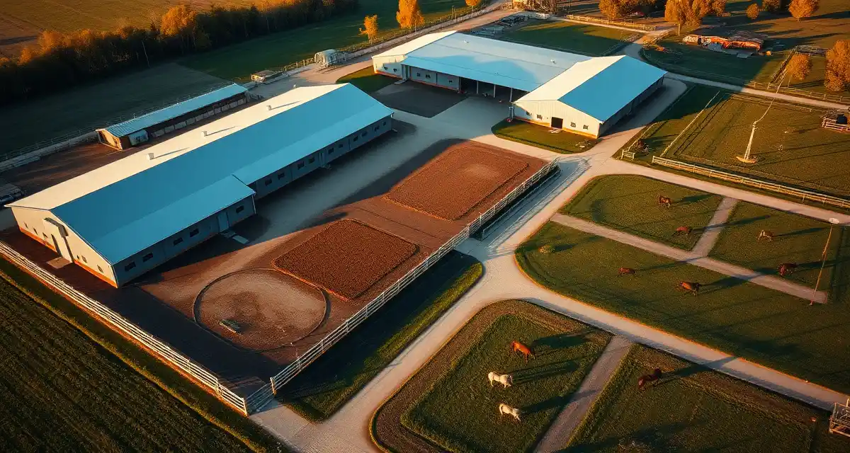 Overhead view of a large-scale equine facility showing multiple barns, paddocks, and organized horse management infrastructure