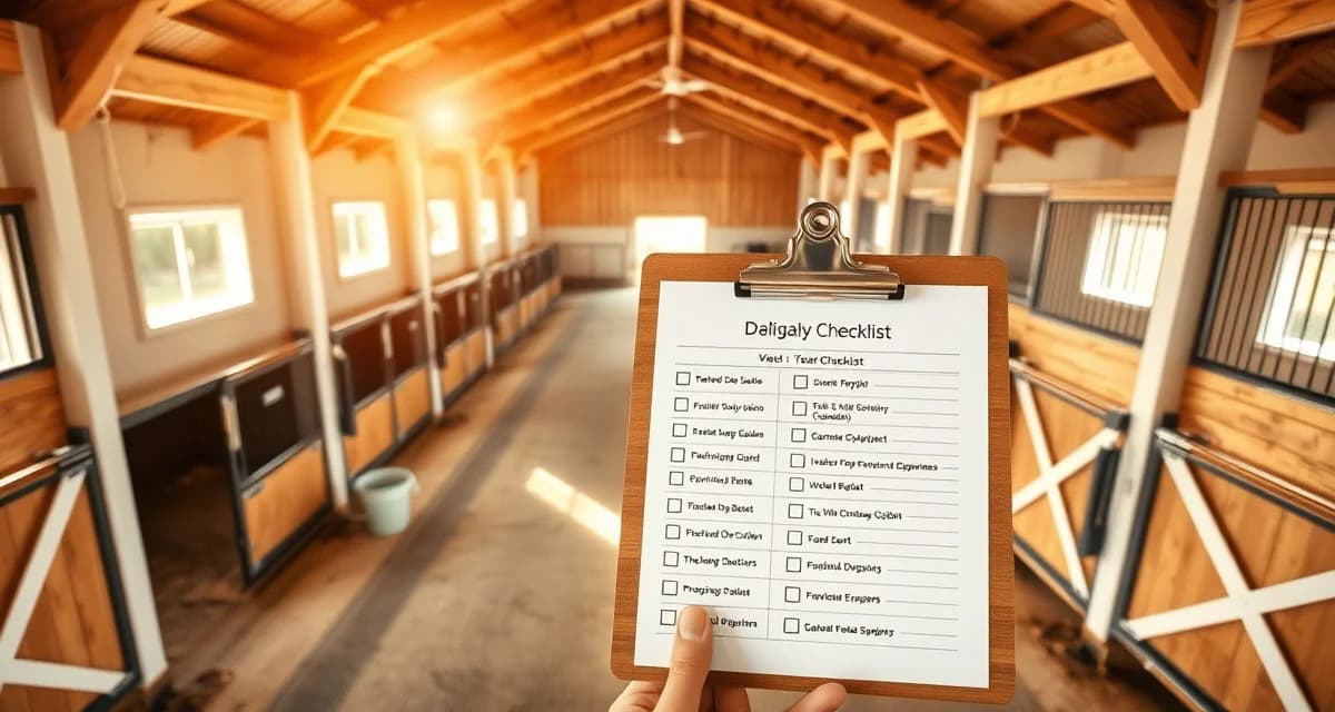 Organized horse barn interior with daily checklist clipboard showing layup barn management tasks and procedures for rehabilitation horses