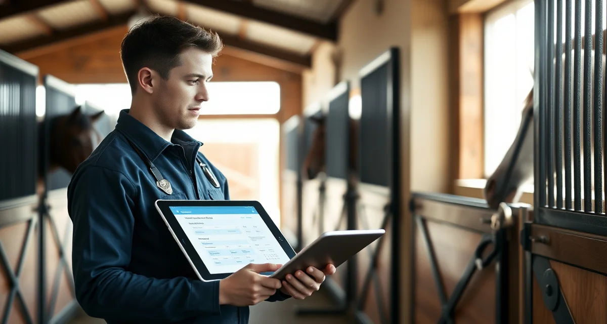 Barn manager using owner communication software to send daily health updates at a layup boarding facility with recovering horses