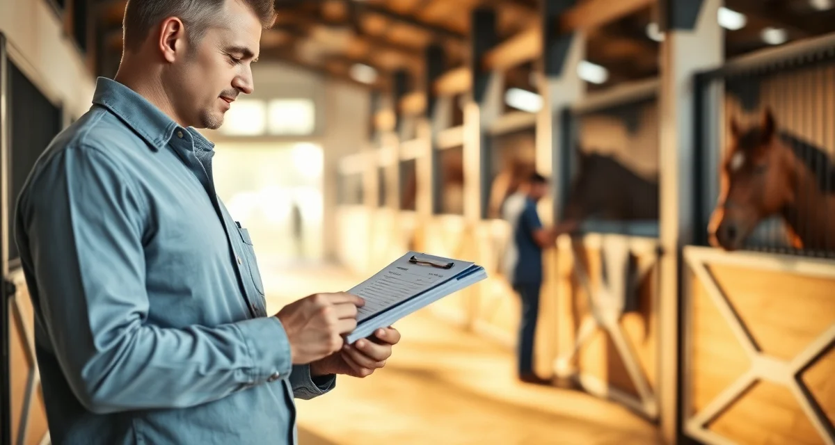 Stable manager documenting shift handover protocol in organized layup barn facility with recovery horses