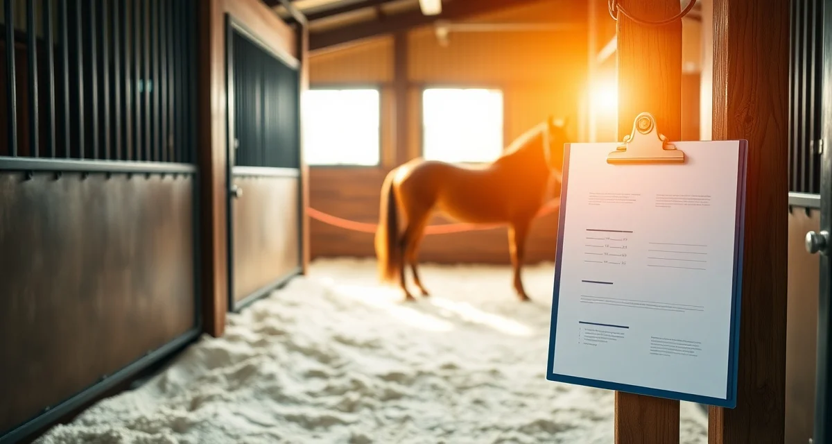 Clean horse stall in a layup facility with fresh bedding and inspection checklist, demonstrating proper stall management protocols for recovering horses.