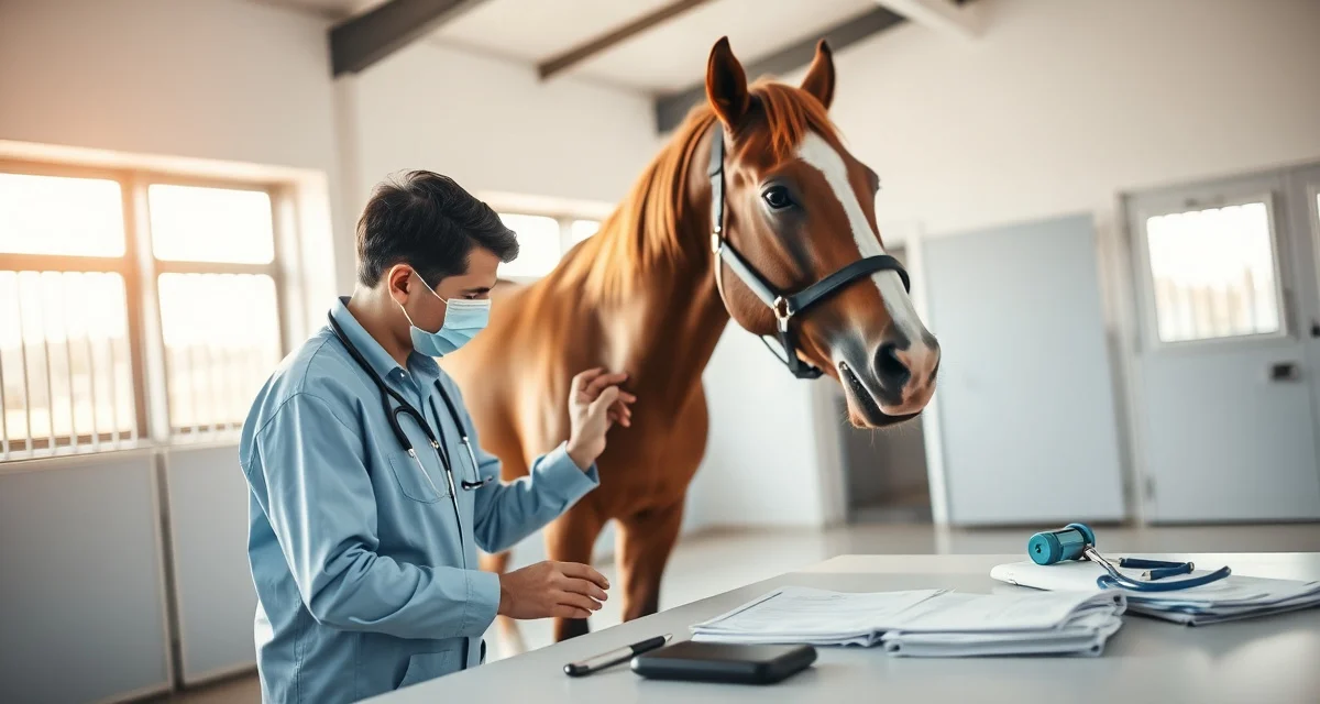 Equine veterinarian documenting rehabilitation care notes for layup facility billing in a professional horse barn setting
