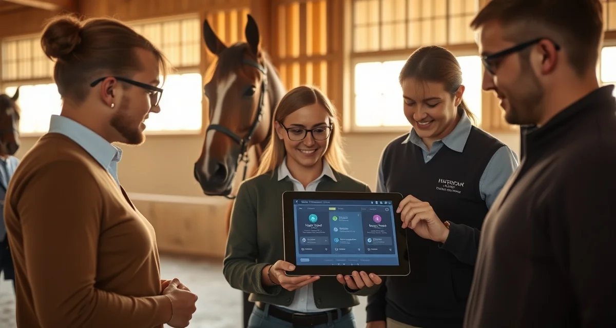 Horse owner, lessee, and trainer using digital communication software to coordinate lease horse care and updates