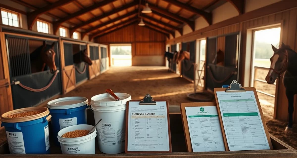 Organized horse feeding station with labeled buckets and supplement tracking system for lesson barn management