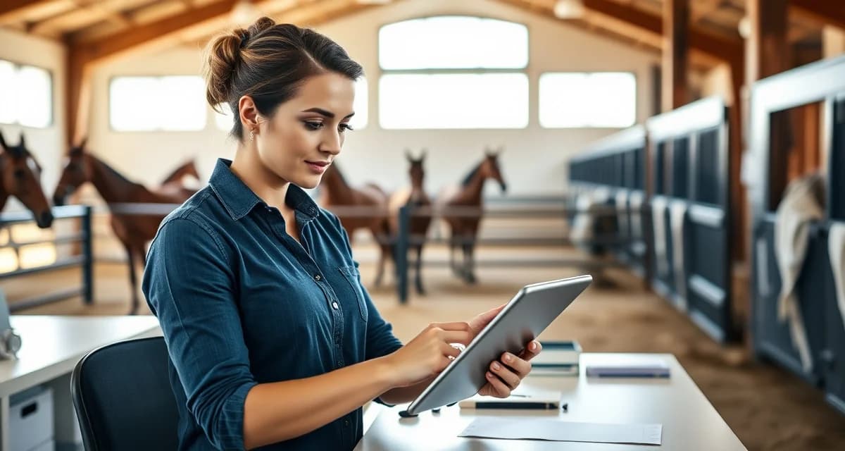 Barn manager using lesson barn management app on tablet to schedule riding lessons and manage student records in modern stable office