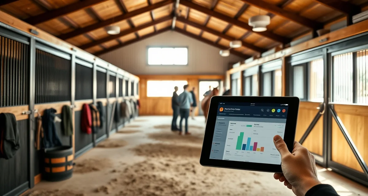 Modern lesson barn management software interface displayed on tablet in organized equestrian facility with multiple horses and student riders