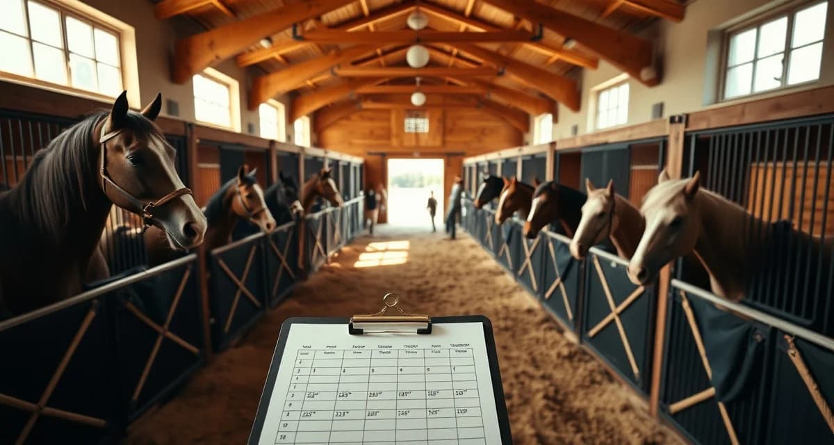 Organized horse barn stable interior showing lesson horses, equipment storage, and barn manager using scheduling software for lesson barn operations.