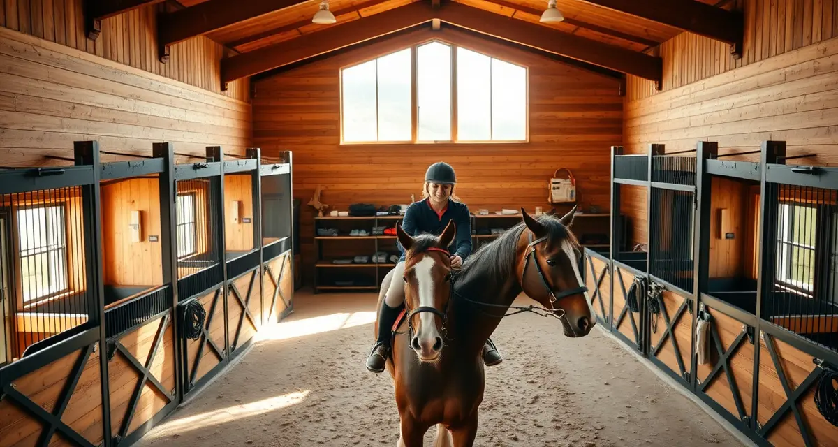 Organized lesson barn facility showing school horses, instructor supervising student rider, and well-maintained stable stalls for equestrian instruction.