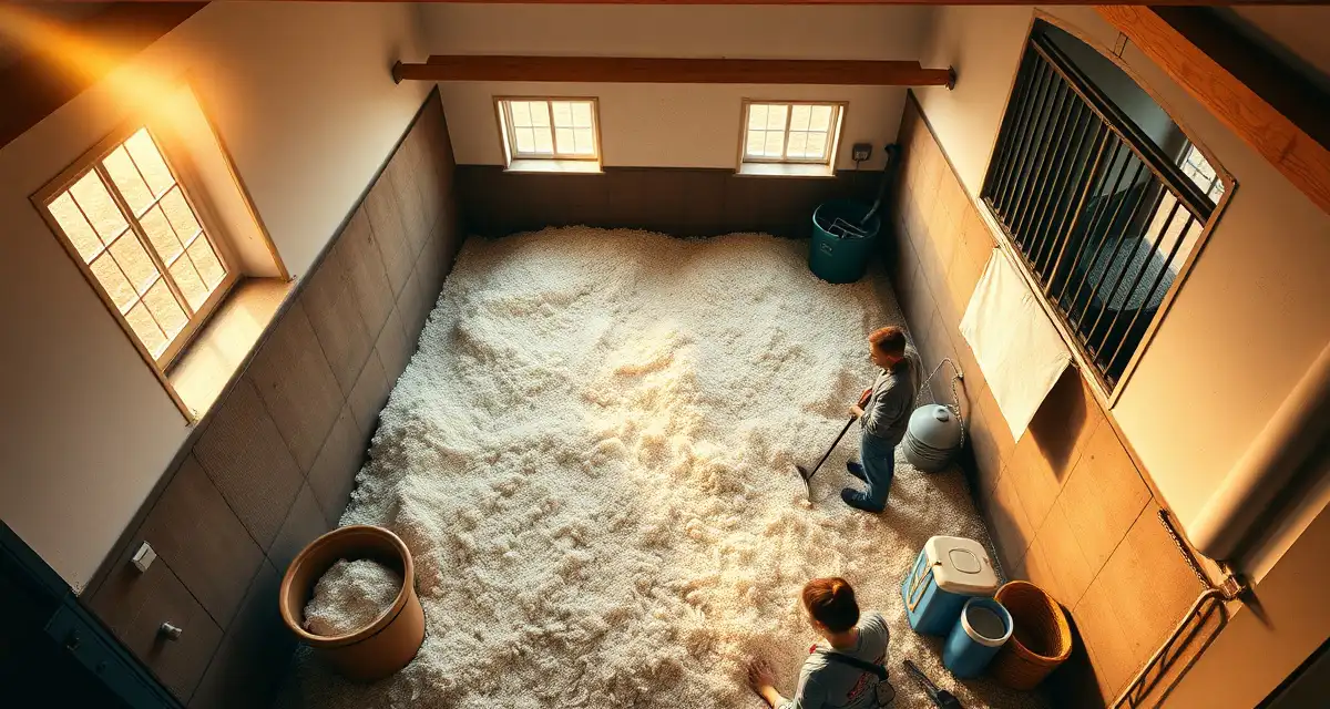 Clean horse stall with fresh bedding and organized cleaning supplies in a professional lesson barn facility