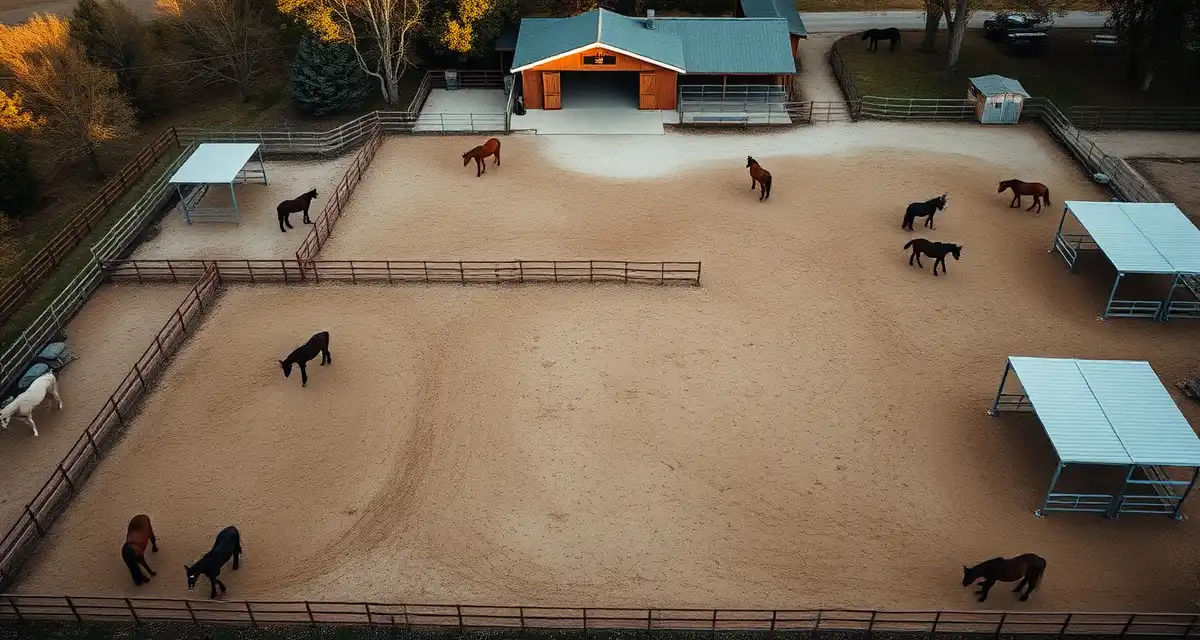 Organized horse paddock rotation system showing multiple turnout sections for lesson barn management and horse health scheduling.
