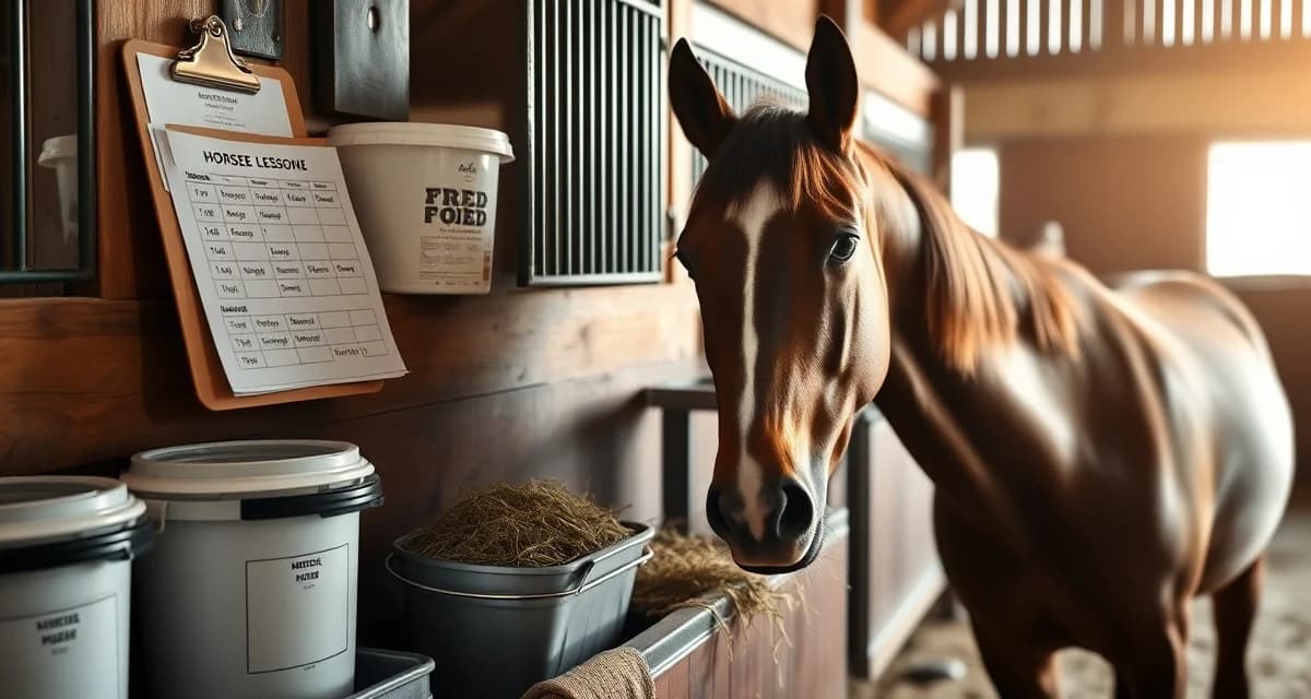Organized horse barn feeding station with measured feed portions and individual feed cards for lesson horse nutrition management