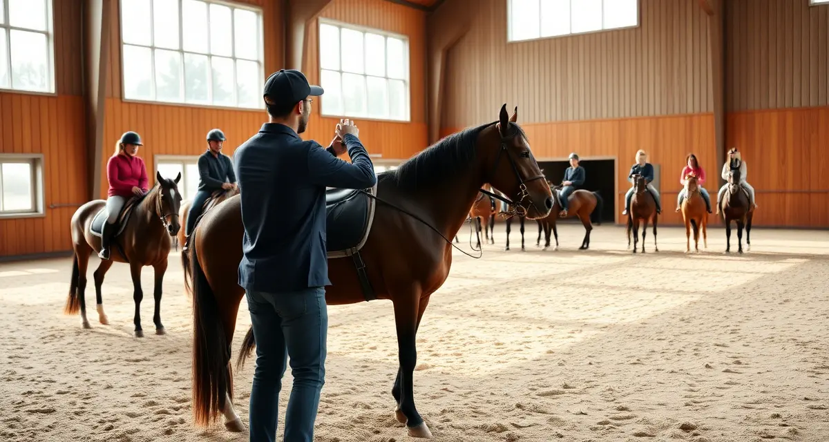 Professional horse riding lesson program with organized instructor and students demonstrating structured lesson management best practices