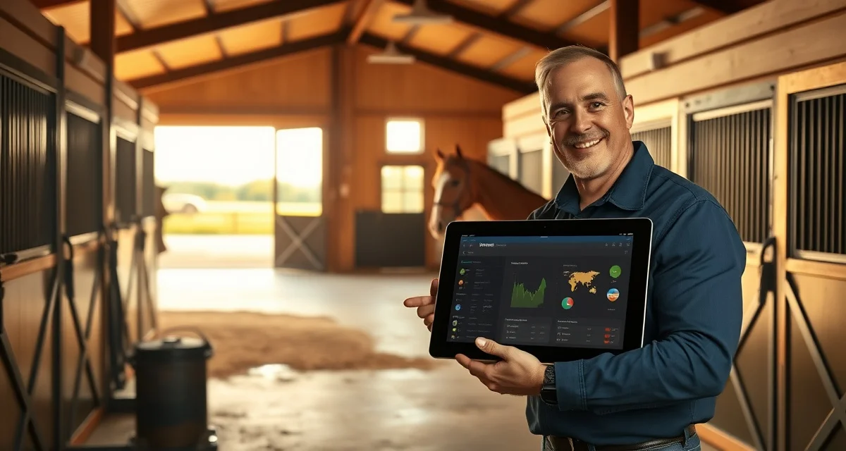 Modern horse barn facility manager using digital management software on tablet to organize stables and scheduling