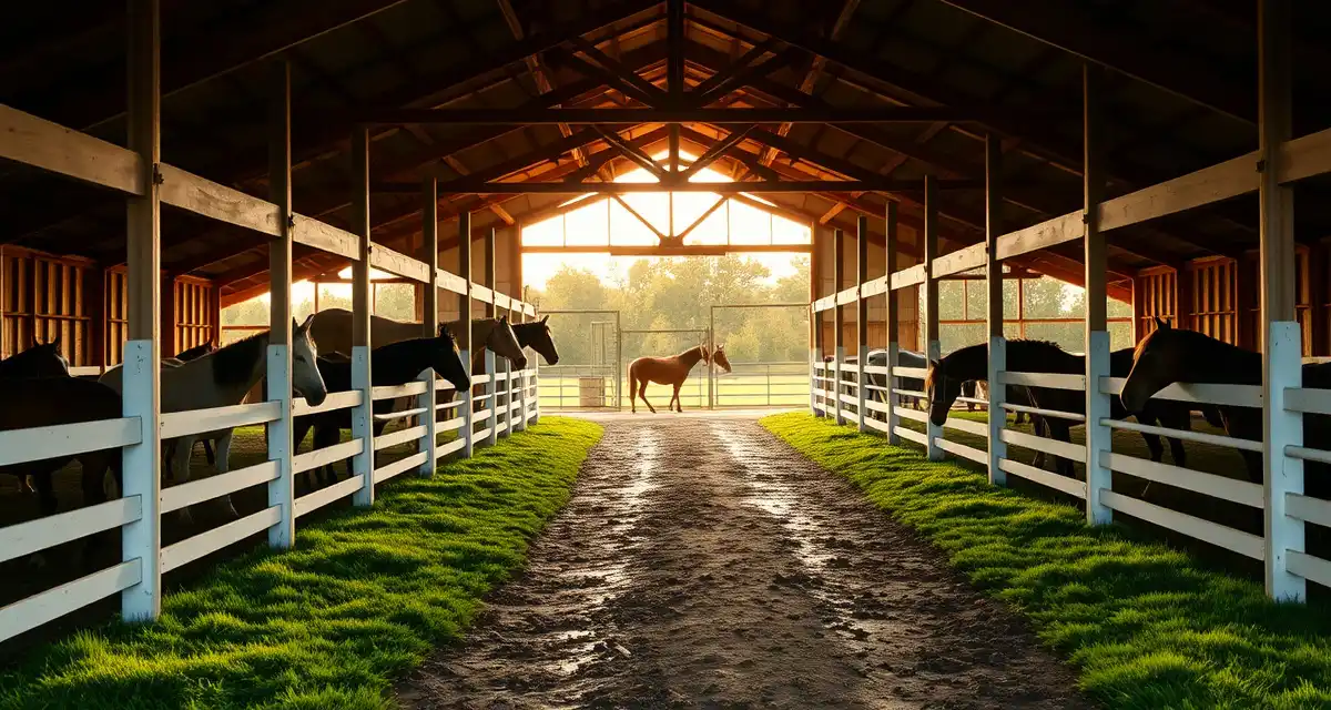 Well-organized horse boarding barn facility in Louisiana with white fencing, grazing pastures, and professional barn structures.