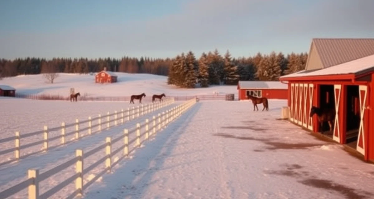 Modern Maine horse barn facility with white fencing, snow-covered grounds, and horses in winter pasture during golden hour lighting.