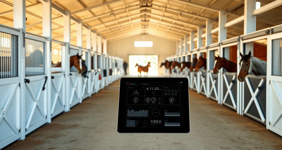 Modern equestrian barn facility in Maryland with organized stalls and digital barn management software interface for stable operations.