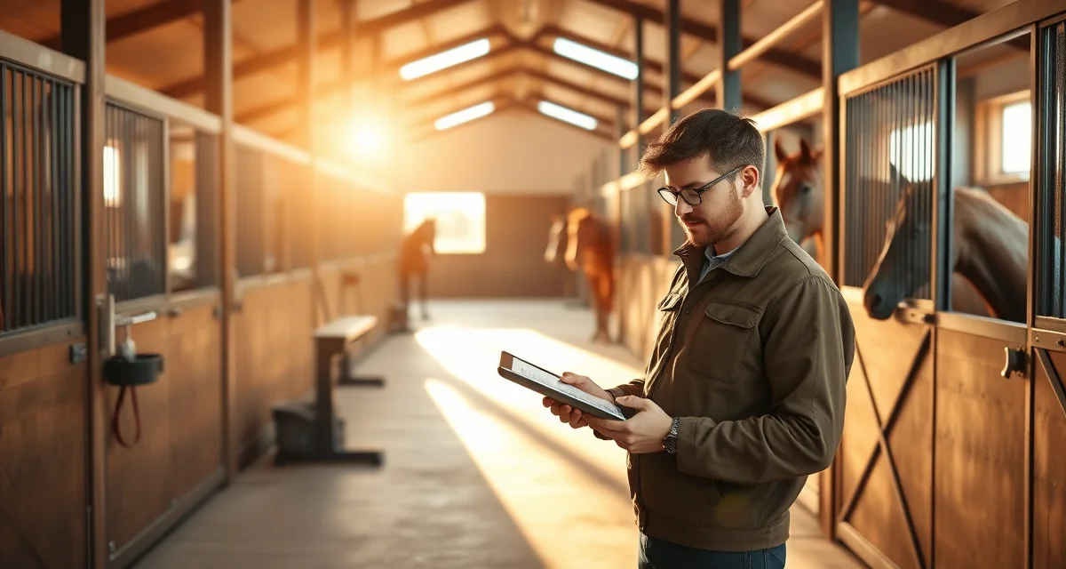 Horse barn management software interface displayed on tablet in modern Maryland equine facility with organized stalls and horses