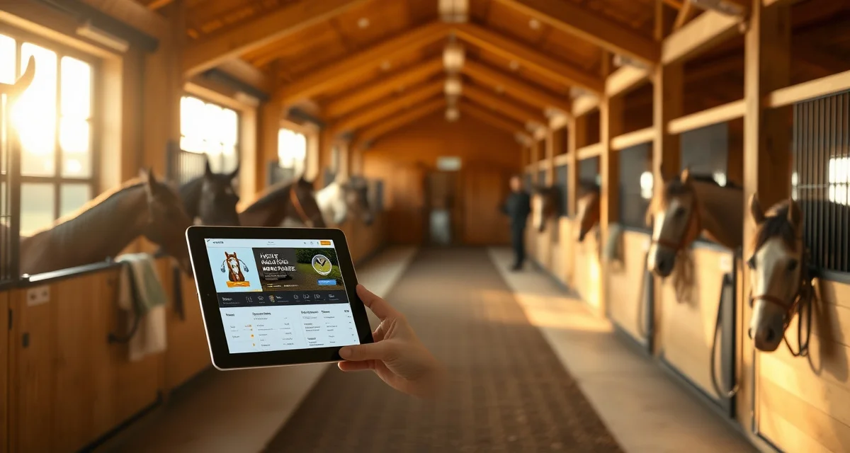 Modern equestrian barn manager using digital barn management software on tablet to track horses and operations at Massachusetts facility