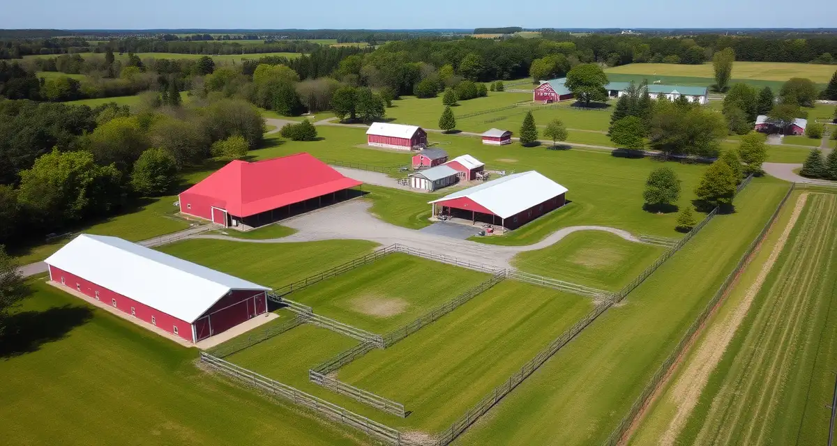 Aerial view of a professional equestrian barn facility in Massachusetts with multiple paddocks and pasture land suitable for horse boarding and stable management.