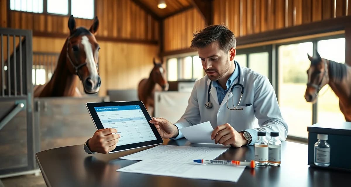 Equine veterinarian reviewing medication withdrawal tracking records on digital tablet for competition horse compliance.