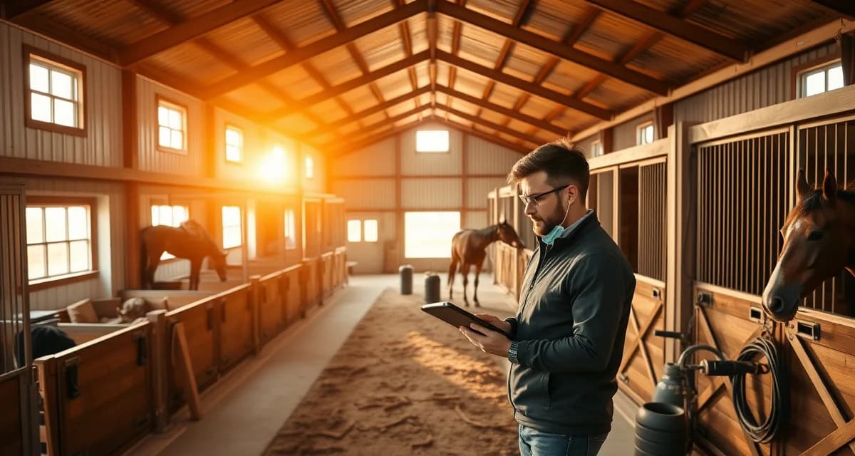 Modern horse barn management software interface displayed on tablet while managing Michigan equine facility operations and horse care records.