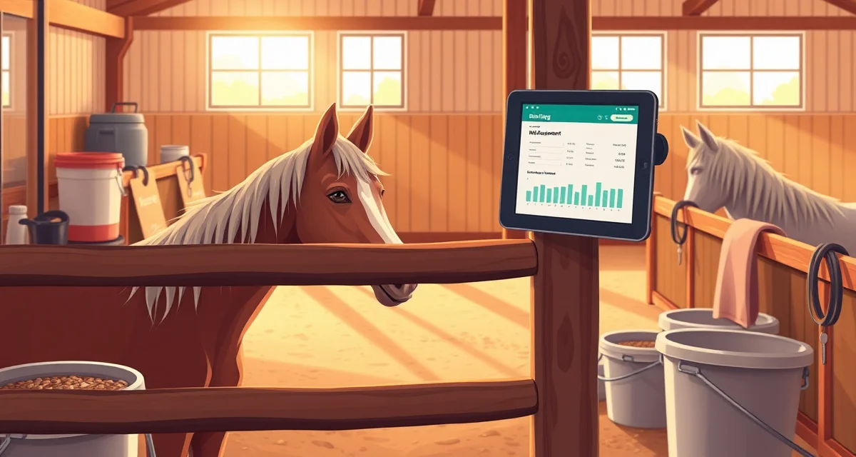 Digital billing management system displayed on tablet in miniature horse barn stall with organized supplies and care documentation visible.