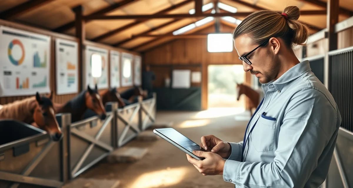 Miniature horse barn manager using digital barn management software to track feeding and health monitoring in organized stable facility.