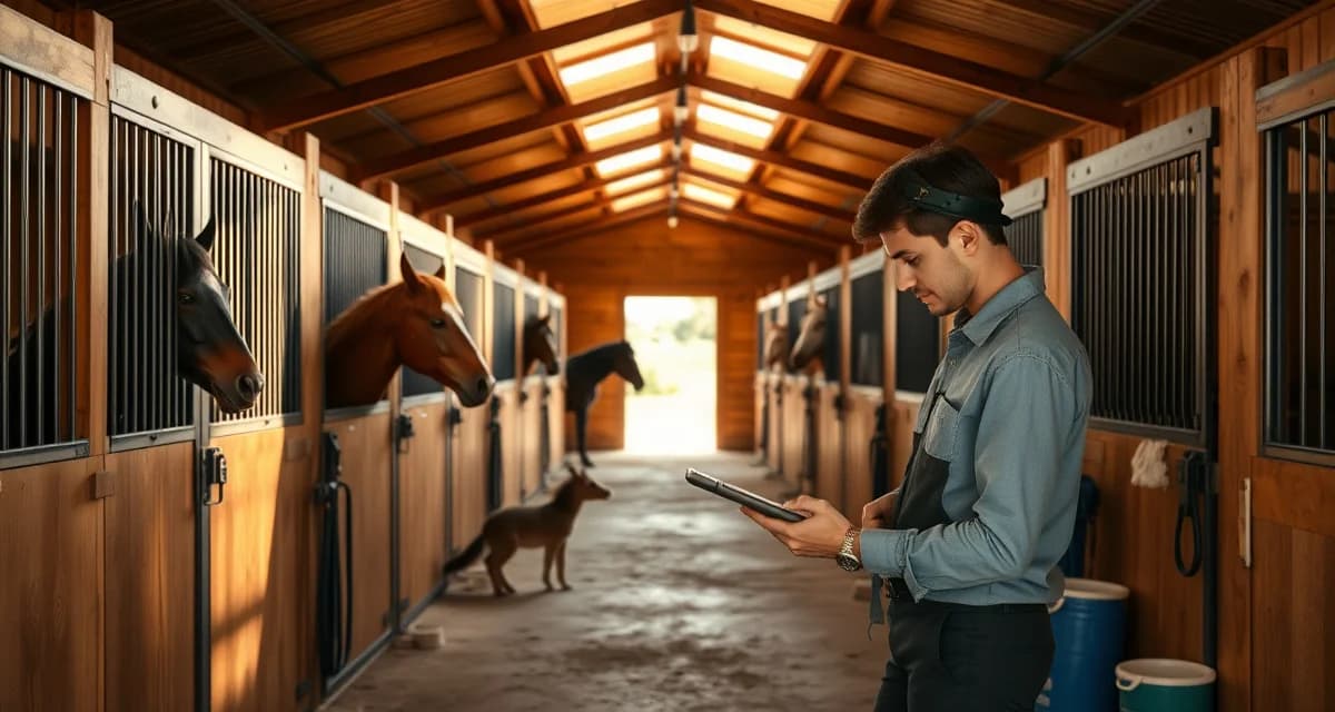 Miniature horse barn manager using digital communication software to coordinate with owners from stable facility