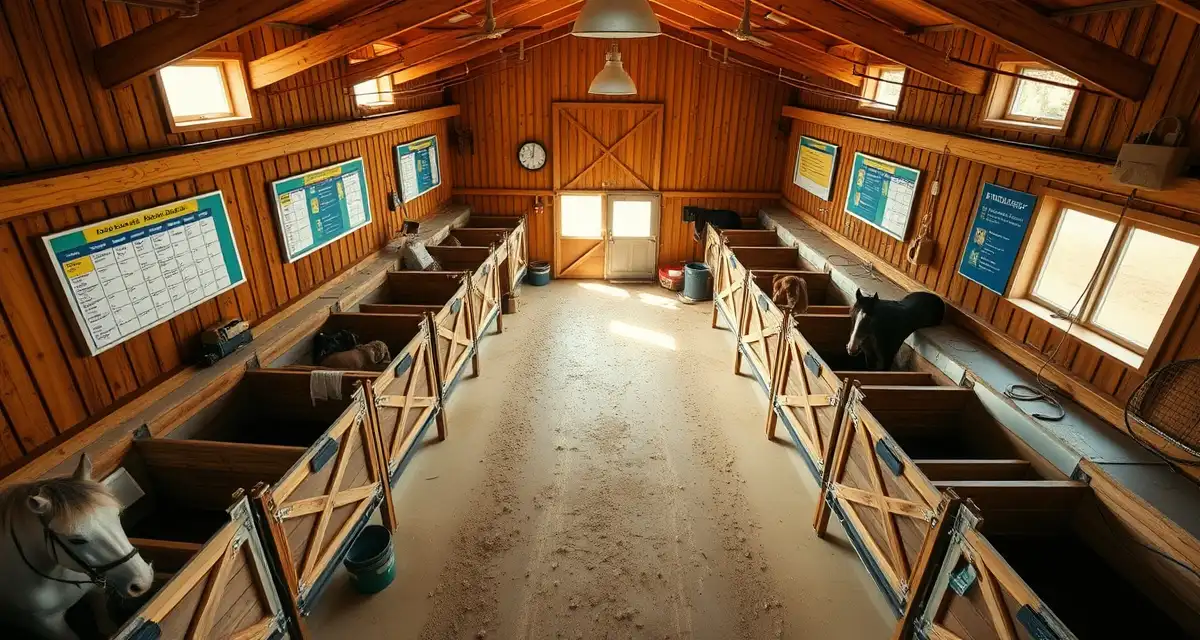 Organized miniature horse barn interior showing scheduling boards and feeding station management for efficient facility operations.