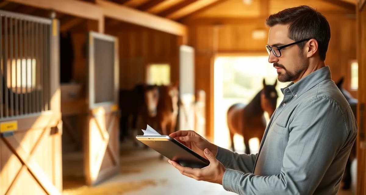 Barn manager using staff management software to coordinate miniature horse care schedules and team communication.