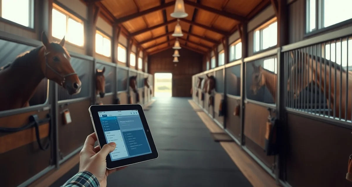 Modern horse barn interior showing organized stalls and digital facility management system for Minnesota equestrian operations