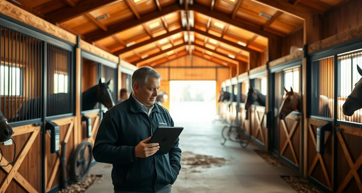 Modern horse barn interior with organized stalls and a barn manager using digital management software on tablet