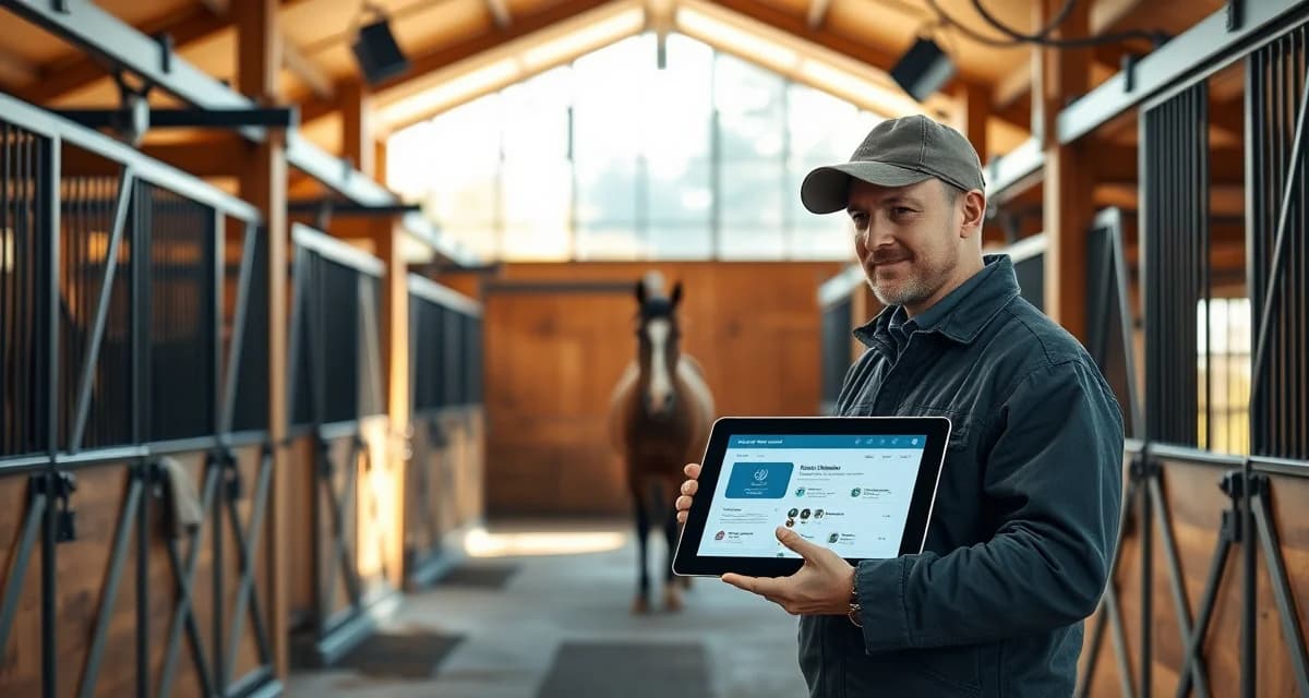 Barn management software interface displayed on tablet in modern Mississippi horse facility with organized stalls and professional staff.