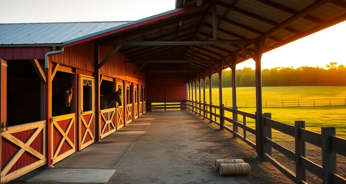 Modern horse barn facility in Mississippi with multiple stalls, wooden fencing, and pastures designed for equine operations.