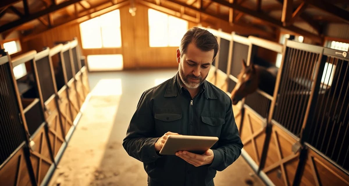 Modern horse barn interior with manager using barn management software on tablet for Missouri equine facility operations